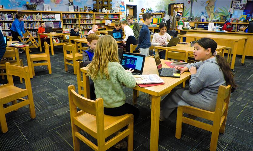 Students on laptops in the library